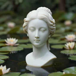 cinematic 3 d portrait of a woman's porcelain head and shoulders floating in a pond, surrounded by a forrest of lillies, deep focus, intricate, elegant, highly detailed, matte, sharp focus, by bill henson and gregory crewdson and james jean