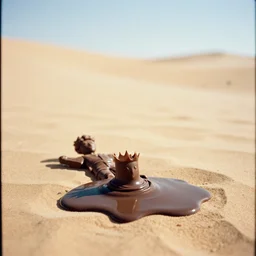 photo of a prince made of chocolate melting in the desert sun, 2 0 0 mm lens, shot on grainy film, hyperrealism, bokeh
