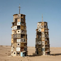 two high towers made up of makeshift squatter shacks in a desert, mamiya, 8 5 mm, fine details, photographed by gursky