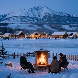wooden village built near a frozen lake in snowy mountains, fireplace, evening, people, hyperdetailed, artstation, cgsociety, 8 k