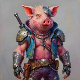 a portrait of a scifi post apocalyptic hogoblin, bard, urban bounty hunter, male, scifi fantasy character design, psychedelic vibrant colors, futuristic punk rock fashion, oil painting by matt james art, sharp focus, realistic, highly detailed, 8 k
