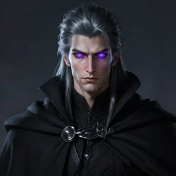 Portrait of an tall man in a black cloak, glowing purple eyes and silver black hair, male, detailed face, fantasy, highly detailed, cinematic lighting, digital art painting by greg rutkowski