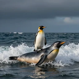 Penguin surfing on a seal, cool