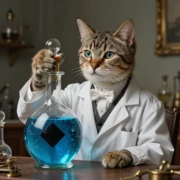 an aristocratic cat dressed as a scientist intrigued by a refined transparent flacon filled with magic blue iridescent liquid, there is a black square on the bottle, art highly detailed, by aleksandra skiba, concept art, steampunk