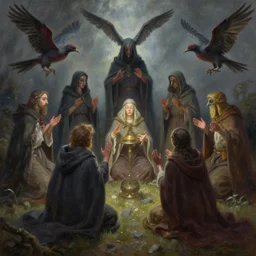 masterfully painted fantastic realist painting of the enchanted summoning rituals of unusual moody birds wearing cloaks, digital painting trending on artstation octane render