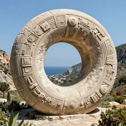 a gigantic paleolothic torus made of stone with highly detailed carvings of intricate shamanic robotic electronics and circuitry, in a mediterranean lanscape, inside a valley overlooking the sea, in the style of hugh ferriss