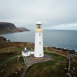 ! dream a landscape photo of neist point lighthouse isle of skye, aerial far wide shot with 2 4 mm lens, strong heavy portra 4 0 0 film