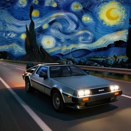 delorean on highway at night by van gogh