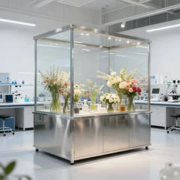 flower shop design by white science labotory, made of stainless steel and glass, laboratory equipment object
