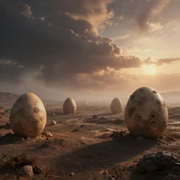 alien planet landscape, few organic eggs, prometheus, intircate details, out of this world, sunset, landscape, dramatic clouds, mist