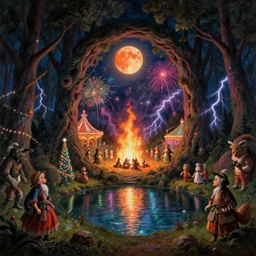 a night carnival around a magical tree cavity with a rounded scenario burning in colored flames and fireworks, with a surreal orange moonlight, next to a lake with iridiscent water, christmas lights, volumetric lightning, folklore people disguised as fantastic creatures in a magical forest by summer night, masterpiece painted by gustave baumann and bernardo bellotto, scene by night, dark night environment, refraction lights, glares