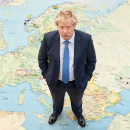 a giant corpulent boris johnson standing astride a map of the great britain, on fire, dramatic angle, 28mm