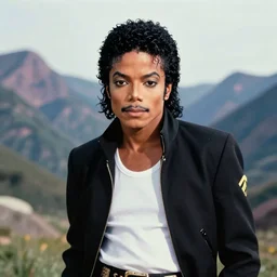 1982 Michael Jackson with moustache and short hair in a synthwave mountain