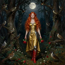 warrior of flora and fauna, englishwoman, beautiful face, refined features, goddess of the moon, long red hair, standing in the middle of a dense dark forest, many birds on the trees, leather gold dress, iron armor, red boots, mcqueen design, roses in her hands, very beautiful style, painting by edgard maxens, norman rockwell, sargent, james whistler titian 8