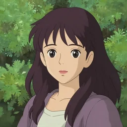 Character portrait of a young beautiful woman in a lush park, beautiful face, long dark hair with bangs, highly detailed, cel shading, Studio Ghibli still, by Ilya Kuvshinov and Akihiko Yoshida