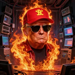 character art by ruan jia, donald trump wearing wayfarer glasses and red baseball hat at a music concert, on fire, fire powers, room filled with wiring, electronics, computer equipment, monitors