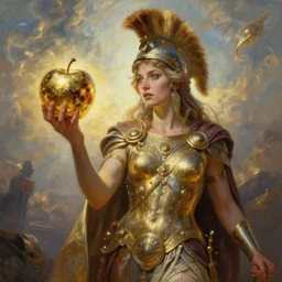 eris, discordia, holding an reflective gold!!! metal apple, in mk 1 1, in the trojan war, goddess of chaos, fantasy character portrait, ultra realistic, wide angle, intricate details, artifacts, luminous skies, michael cheval, peter mohrbacher, boris vallejo, jessica rossier, oil painting, highly detailed, cinematic lighting, unreal