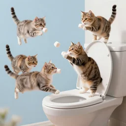 flying cats in the sky, eating marshmallows, toilet seat boomerangs
