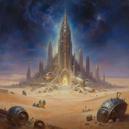 portrait oil painting, alien city, alien desert, cosmic space sky, ultra realistic, soft glows, wide angle, intricate details, artifacts, luminous skies, highly detailed, michael cheval, peter mohrbacher, boris vallejo, jessica rossier, denis villeneuve film look