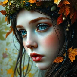 close - up portrait of beautiful girl by irakli nadar with intricate detailed color smashing fluid oil paint and acrylic, dried moss and dried autumn leaves headdress, melting wax, mycelia, abstract impressionism, ruan jia, dark fantasy, hyper detailed, concept art, by gustav klimt,