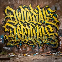 matte painting of overgrown extreme 3 d calligraphy graffiti tag mural maximalism by atey ghailan, by greg rutkowski, by greg tocchini, by james gilliard, by joe fenton, yellow, brown, black and cyan color scheme, octane render