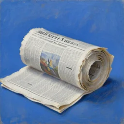 impressionist painting of a roll of newspaper against a blue background, realistic oil painting