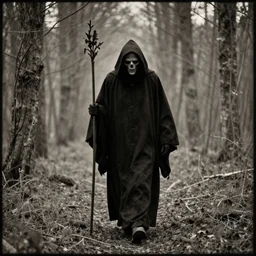 old photograph of the grim reaper walking through the forest