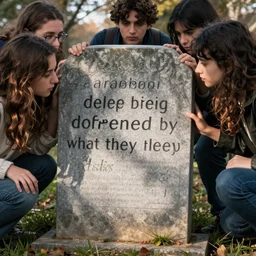 “ a professional photograph of people being offended by what they see written on a tombstone ”