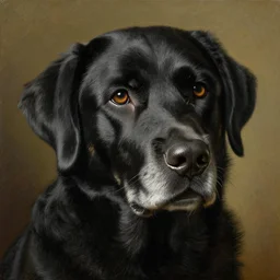 portrait of an old black labrador dog's face in renaissance style. dutch masters style. detailed. hq. masterpiece. oil paint.