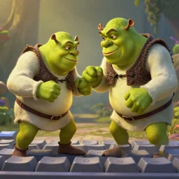 shrek fighting keyboard, half body shot, path traced, fight scene, highly detailed, high quality, digital painting