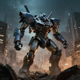 mecha peron destroying a city, photorealistic, film, cinematic lighting, octane tender, volumetric light, dark - art
