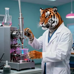 A tiger in a lab coat with a 1980s Miami vibe, turning a well oiled science content machine, digital art