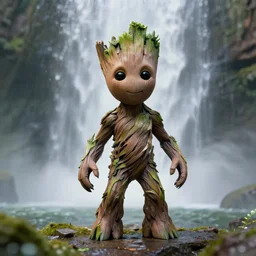 photorealistic wide shot focus portrait of Groot posing, under waterfall, bokeh, octane render, unreal engine 4k, volumetric lighting, mist, detailed