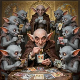 anthropomorphic highly detailed group portrait of cute mr bean grey goblins eating mtg playing cards, intricate, elegant, highly detailed grey goblin, digital painting, artstation, concept art, smooth, sharp focus, illustration, art by artgerm, bob eggleton, michael whelan, stephen hickman, richard corben, wayne barlowe, trending on artstation and greg rutkowski and alphonse mucha, 8 k