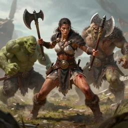 Female barbarian dual wielding axes and fighting an orc, bloody, trending on artstation