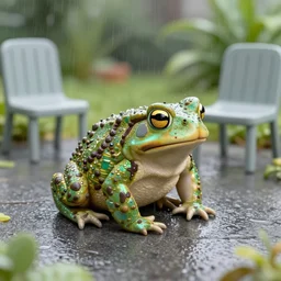 delicate rain, toad, chairs, garden, paved, botanic 3 d render, iridescent, 8 k, realistic shaded, fine details, artstation, italian, iron gate, tree, mediterranean