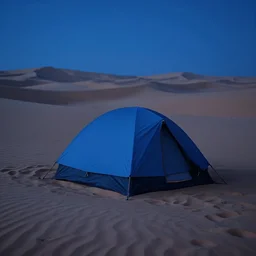 hyper realistic matte painting of a small tent in the desert with dunes at night, blue color scheme, artstation, cgsociety