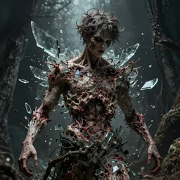 A young man with glass pieces coming out of his body, majestic, organic, dark fantasy, rotten, sinister, macabre, crazy detailed and complex, super detailed, 8K, 4k