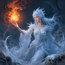 a freezing sorceress throwing a fire spell, digital painting by thomas karpi artgerm and feng zhu, concept art, surreal, octane rendered, intricate, detailed