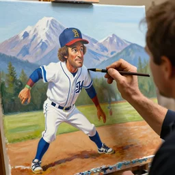 a closeup photorealistic photograph of bob ross crafting an image of kenny powers baseball, painting on a canvas. mountains and trees. film still. brightly lit scene. this 4 k hd image is trending on artstation, featured on behance, well - rendered, extra crisp, features intricate detail, epic composition and the style of unreal engine.