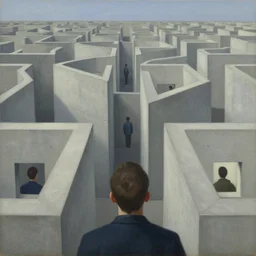 first - person view of a stark concrete maze with people looking into portholes, ( grant wood ), pj crook, ( ( ( edward hopper ) ) ), oil on canvas