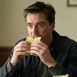 A cinematic photo of Ewan McGregor eating sandwich