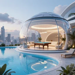 a beautiful lounge with a crystal blue pool next to a pool table inside a futuristic glass dome house designed by zaha hadid, futuristic city background, clouds, octane render, ray tracing, 8k resolution, hd