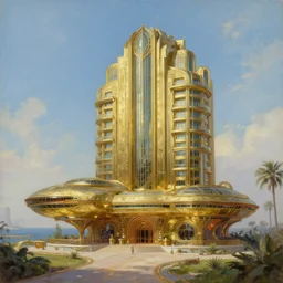 the atlantis paradise, a retro futuristic spaceship made of brass, art deco influence, hotel style design. painting by artgerm and greg rutkowski.