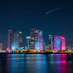 modern city, night time, neon colours, water front apart of city, stars and comet in sky, high def, 8 k, hd, high definition building, made with spray paint,