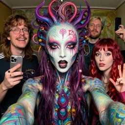 a psychedelic godlike humanoid, hyper detailed, in the style of rutkowski and junji ito and bob ross and lisa frank, selfie