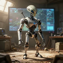 an alien robot in a dirty room with a video screen : : octane render : : sunny, hyper details, photorealistic, cinematic, epic, intricate details,