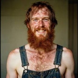 extremely skinny malnourished redneck white male with long beard, wearing dirty overalls, dirty greasy face, grin, portrait, close up, kodak gold 2 0 0, 5 0 mm,