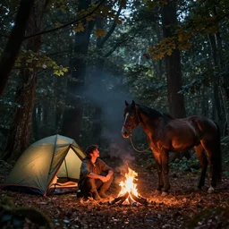a man is camping in a forest, it is night and there is a small campfire next to his sleeping bag, his horse stands tethered nearby, dramatic cinematic lighting