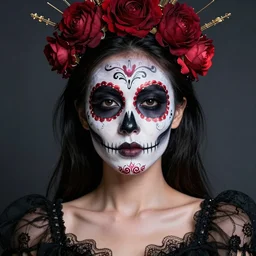 halloween beauty portrait woman of death, the makeup on the face. day of the dead. charming and dangerous calavera catrina, trending on artstation, greg rutkowski, john singer sargent, crop top, intricate